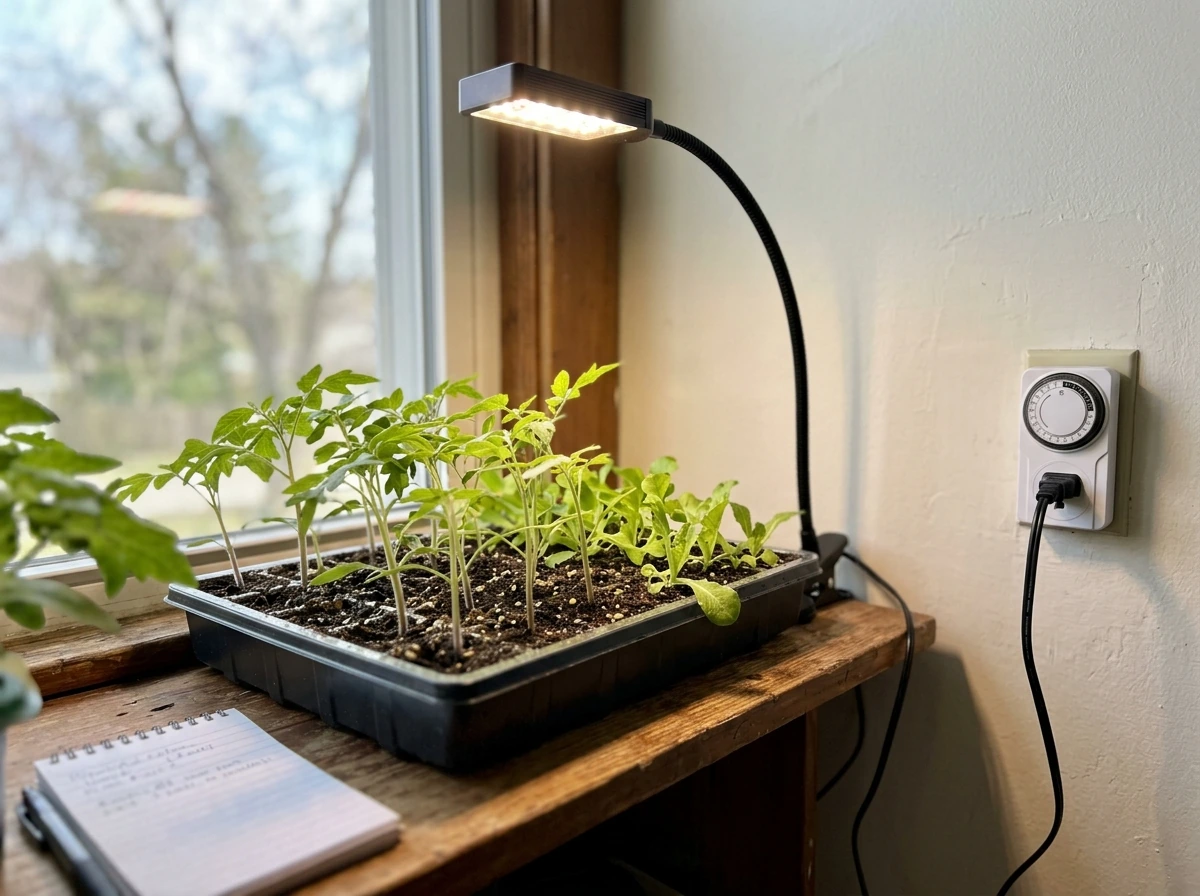 Adjustable LED grow light positioned above seedlings with a timer outlet