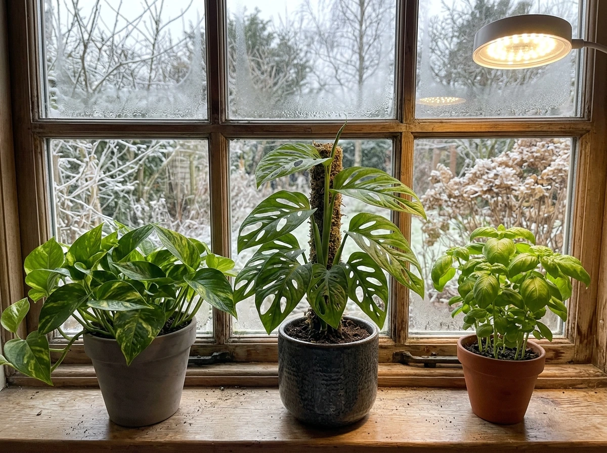 Three houseplants of different light needs shown with window light and grow light for winter