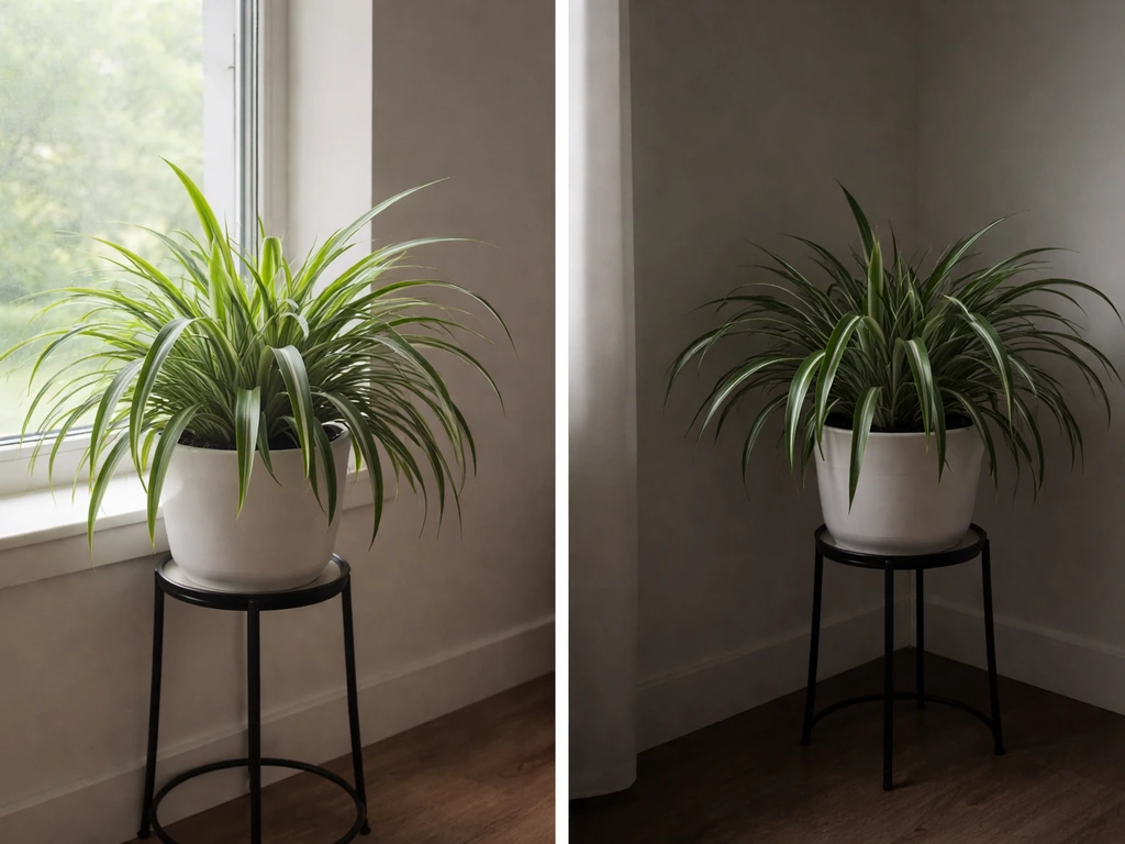 Spider plant beside a bright window and in a darker corner to show no sunbeam vs no light.