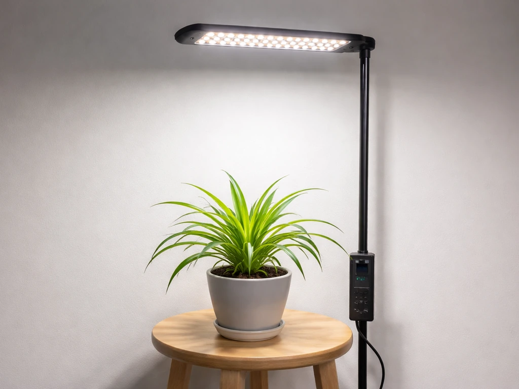 Spider plant illuminated by a standing full-spectrum LED grow light, showing artificial lighting replacing sunlight.