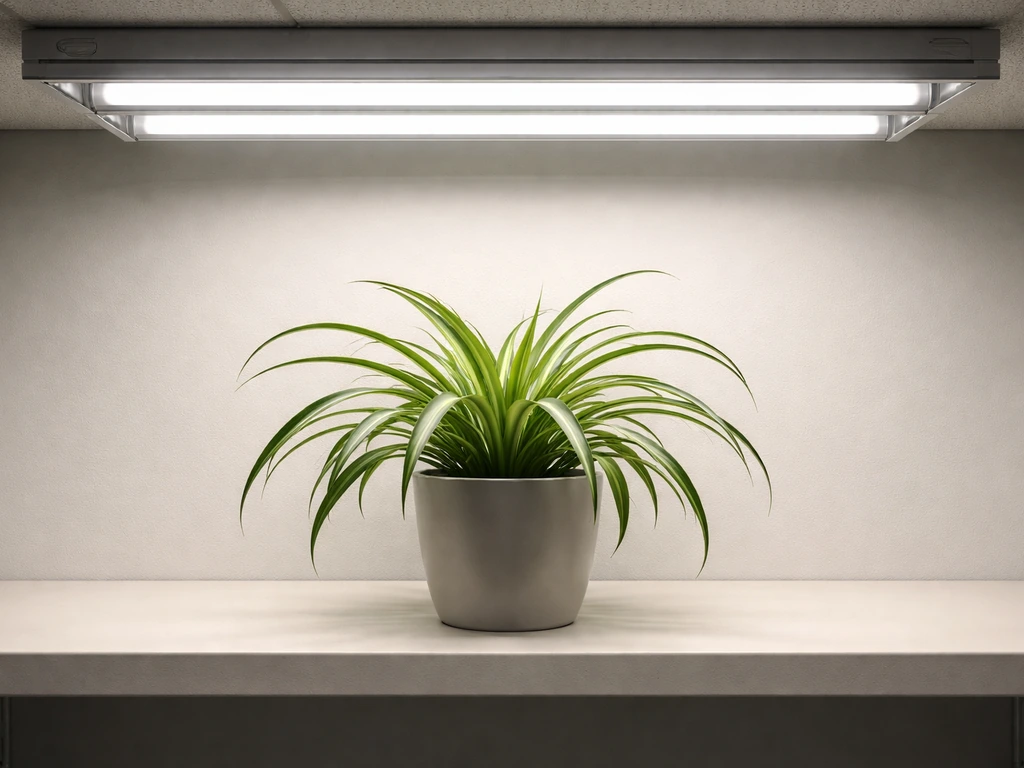 Spider plant beneath cool-white fluorescent T5 tubes, leaves softly lit in a simple office-like corner.
