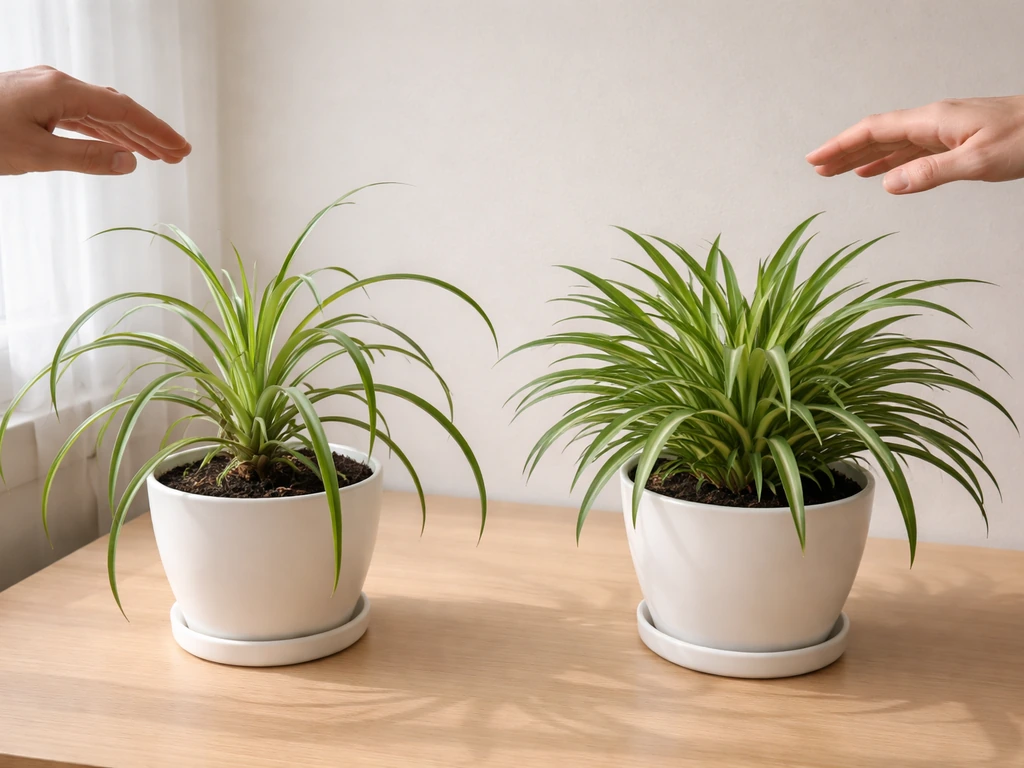 Two spider plants side-by-side: leggy sad growth vs compact healthy leaves under different light exposure.