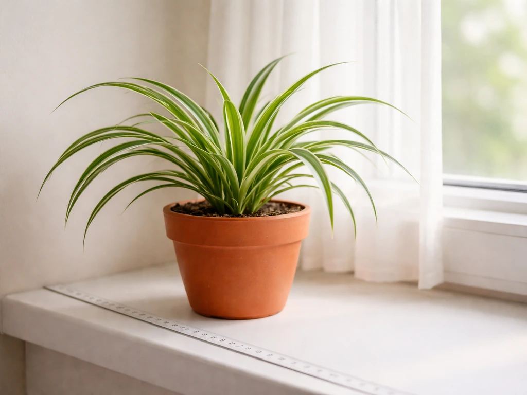 Spider plant in a bright window with a measuring tape showing approximate distance from the light source.