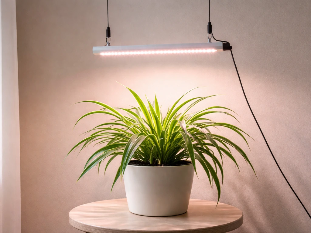 Full-spectrum LED grow light bar hanging above a healthy spider plant, casting warm light in a simple room.