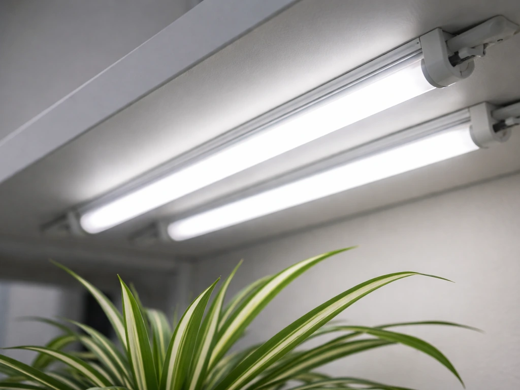 Cool-white fluorescent T5/T8 tubes above a spider plant shelf in a simple indoor setting