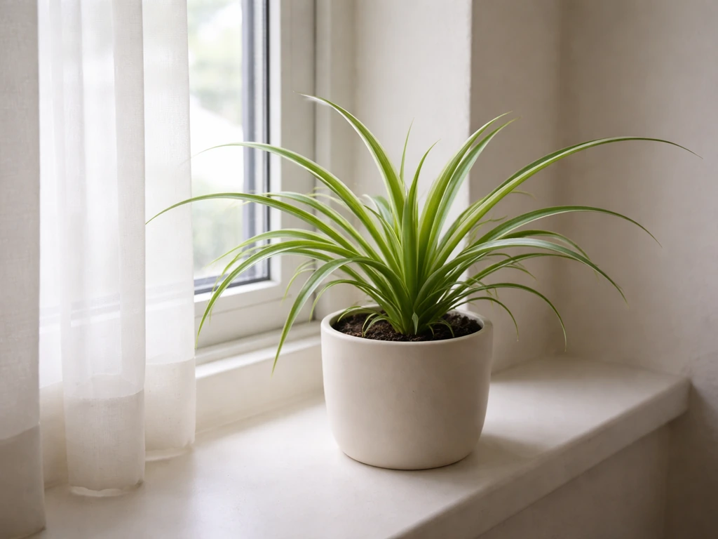 Spider plant in a pot placed near a window, leaves angled toward the light in a minimal room.