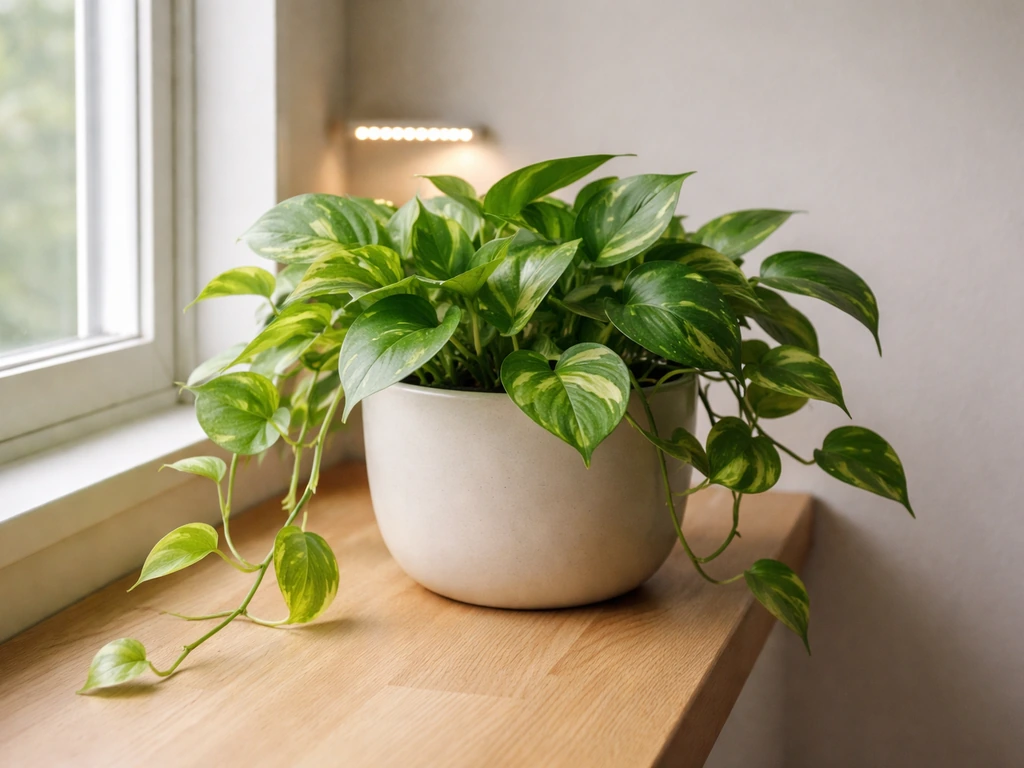 Lush pothos near a bright window with a subtle LED grow light softly in the background.