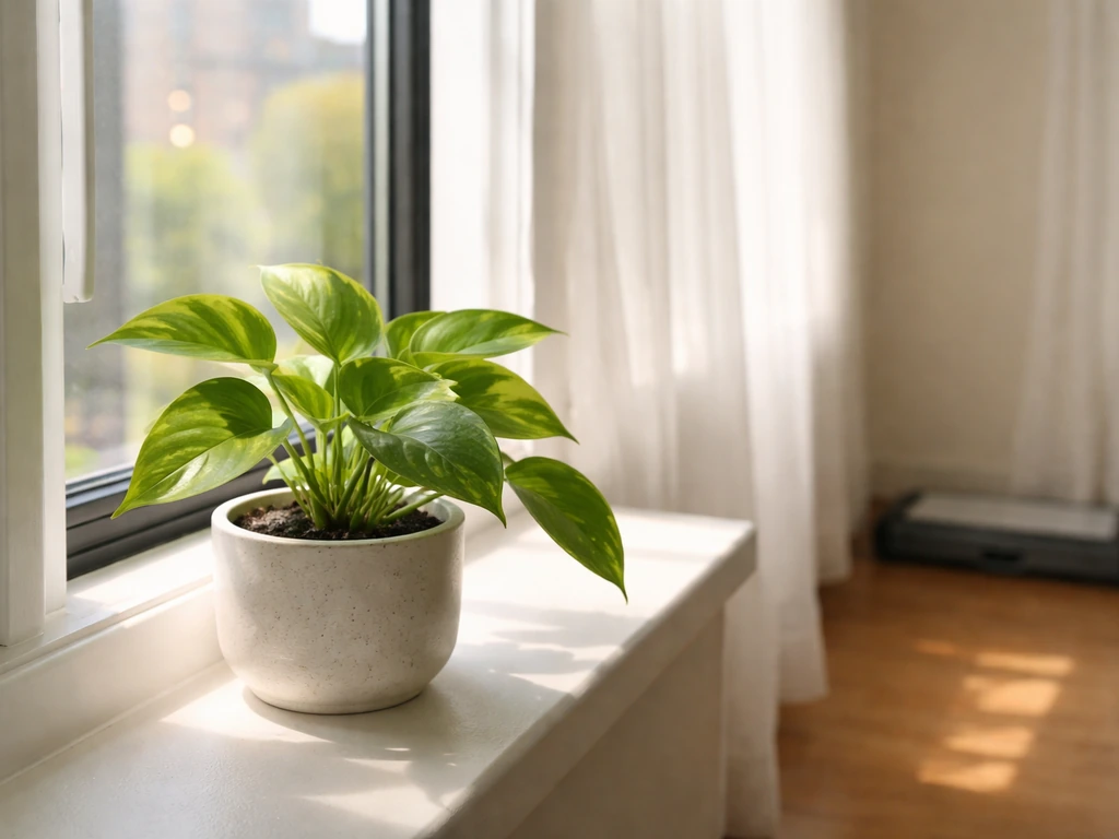 Pothos near a bright window with a grow light unused in the background, suggesting natural light is enough.