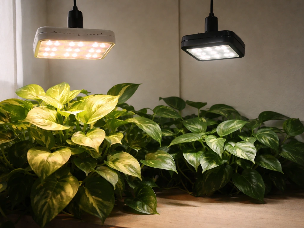 Full-spectrum LED grow light over a pothos plant beside a weaker grow light in a simple indoor setup.