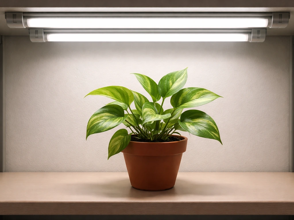 Pothos plant under overhead fluorescent T5/T8 tube lights on a shelf, fixtures clearly visible above.