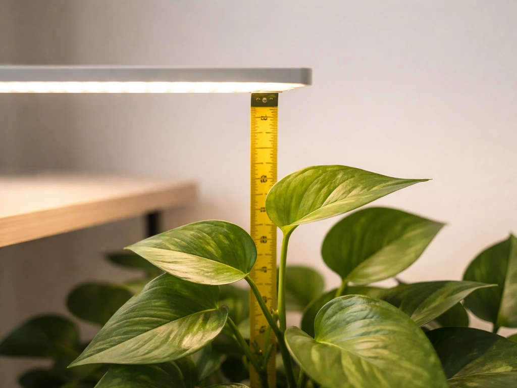 Close-up of a pothos with a grow light and a ruler measuring the 20–30 cm distance.