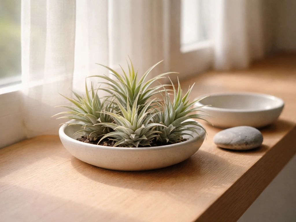 Air plants in a small ceramic dish near a bright window with soft natural light