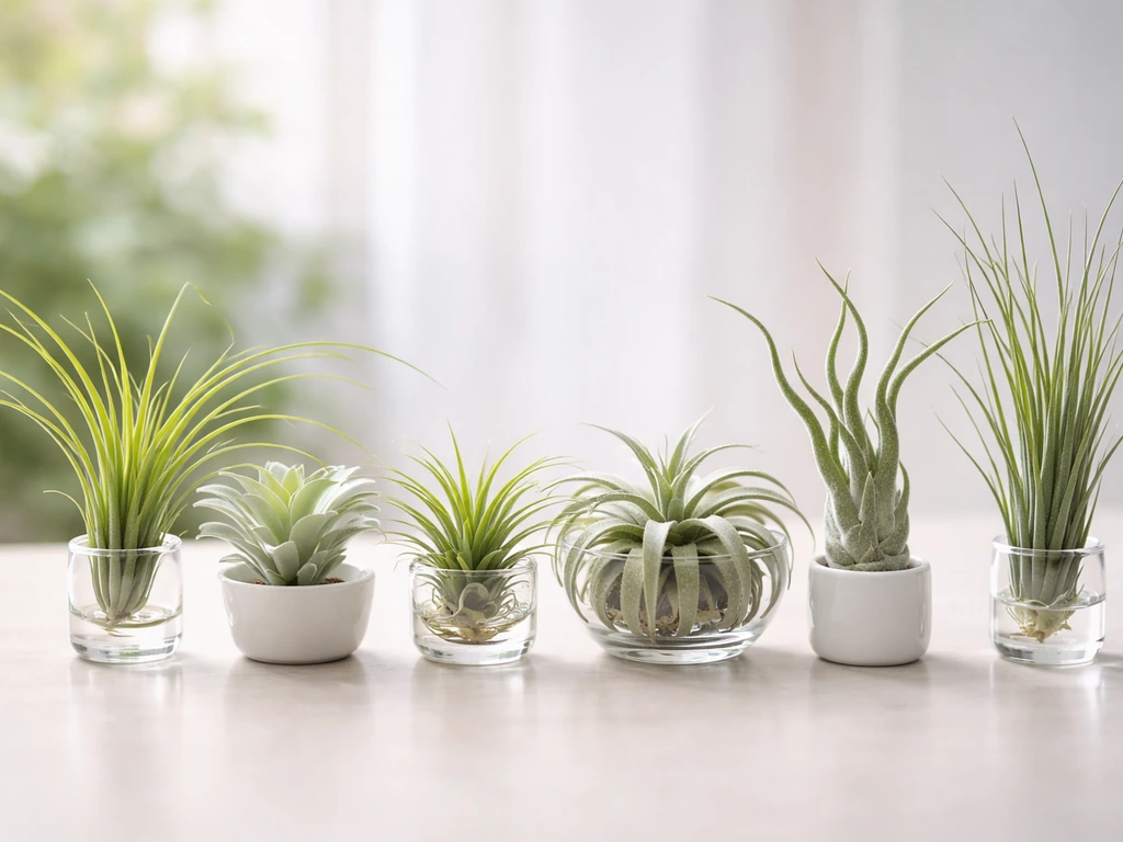 Close-up lineup of different air plants in soil-free holders against soft natural background
