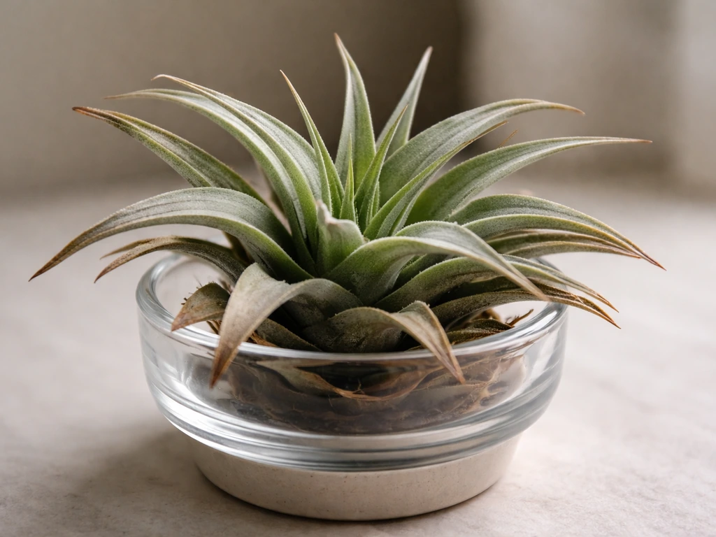 Close-up of an air plant with dull, flattened leaves and slight browning tips in soft window light