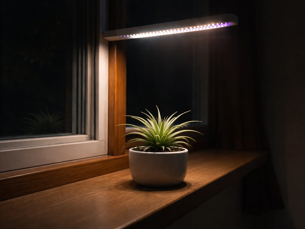 Air plant in a dim room lit by a full-spectrum LED grow light with visible distance to the plant.