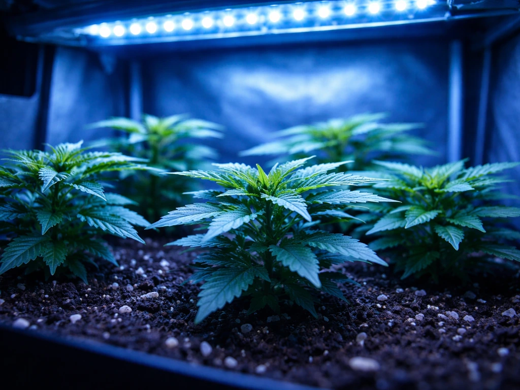 Compact indoor seedlings under blue LED light in a simple grow tent setup