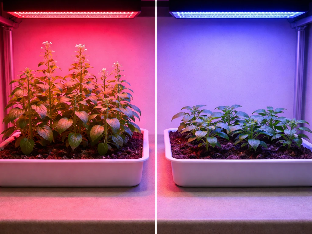 Two simple plant trays under different LED colors, one red and one blue, showing different growth vigor.