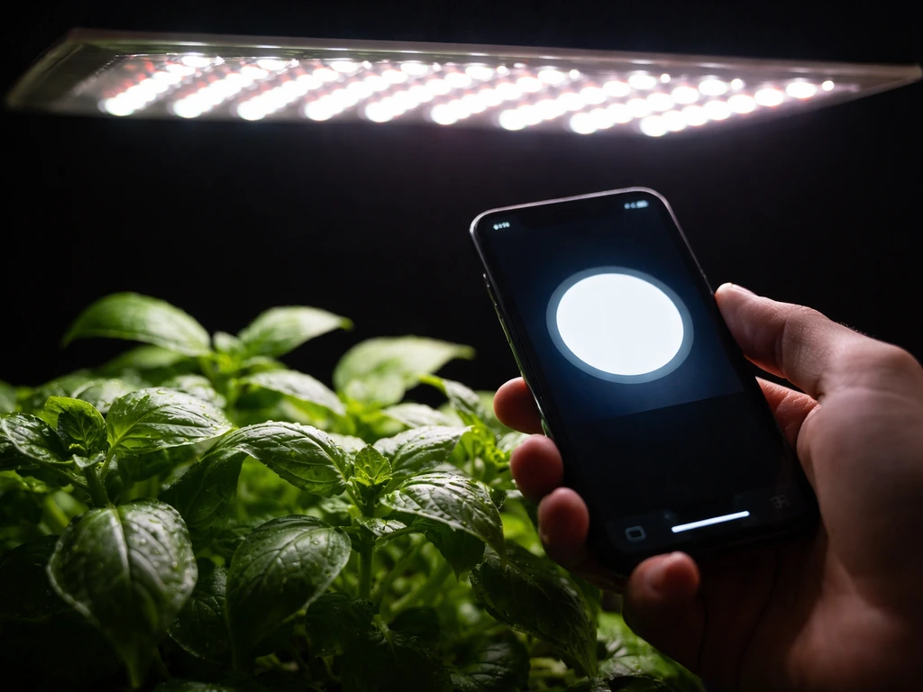 A smartphone lux meter app reading under an LED grow light above a small plant canopy