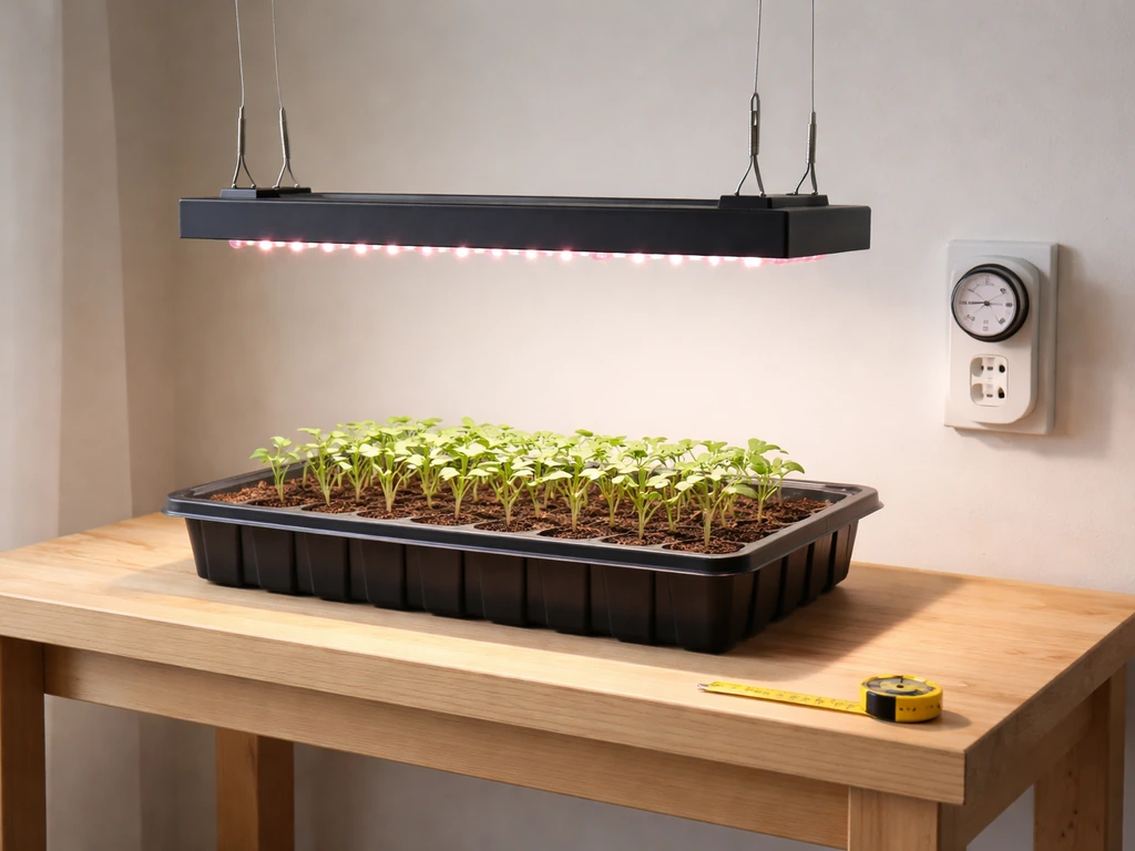 LED grow light hovering above a seedling tray with a timer outlet nearby indicating a lighting schedule.