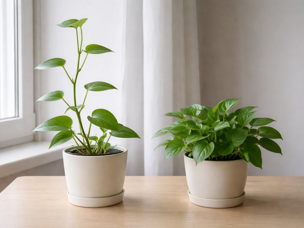 Two potted plants side-by-side: one leggy and stretched, the other compact, showing lighting issues.