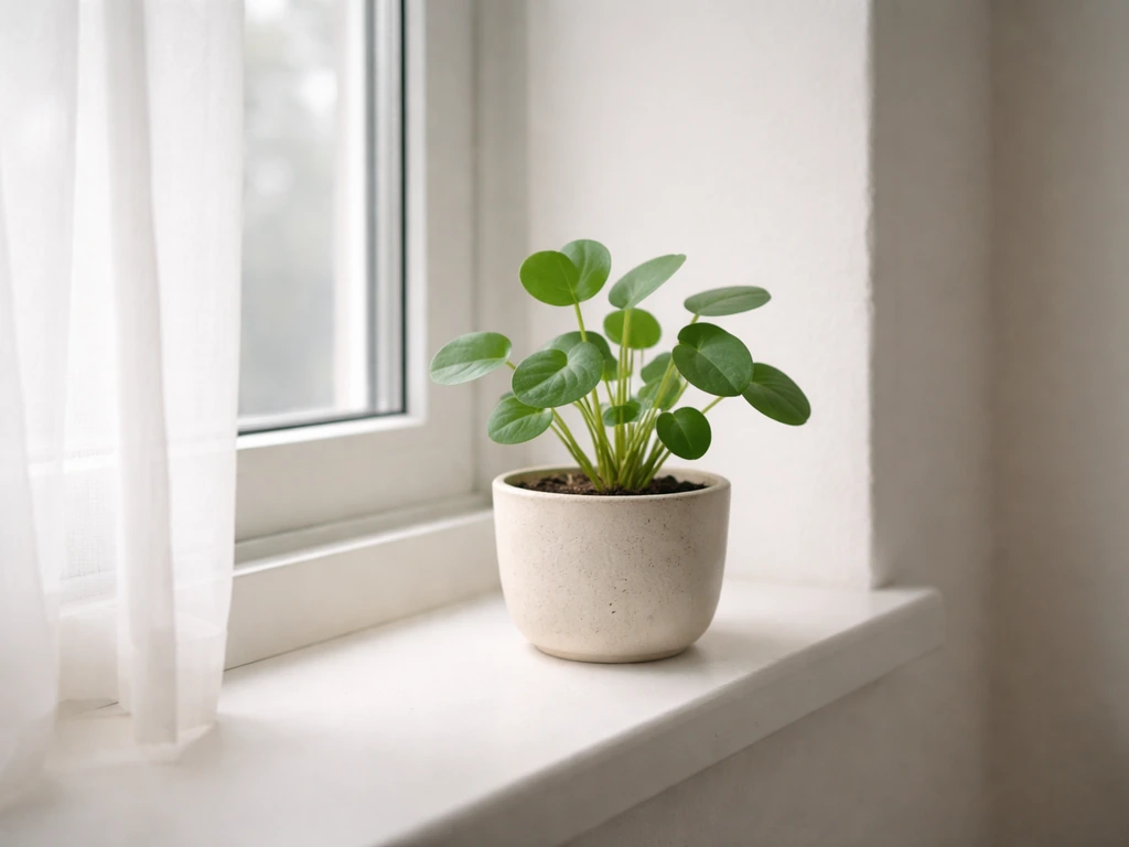 Houseplants near a window with sheer curtain-filtered light, showing indirect sunlight indoors.