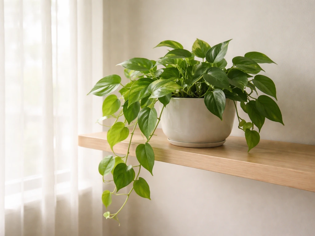 Green pothos vine thriving on a shelf beside an indirect-light window with soft filtered sunlight.