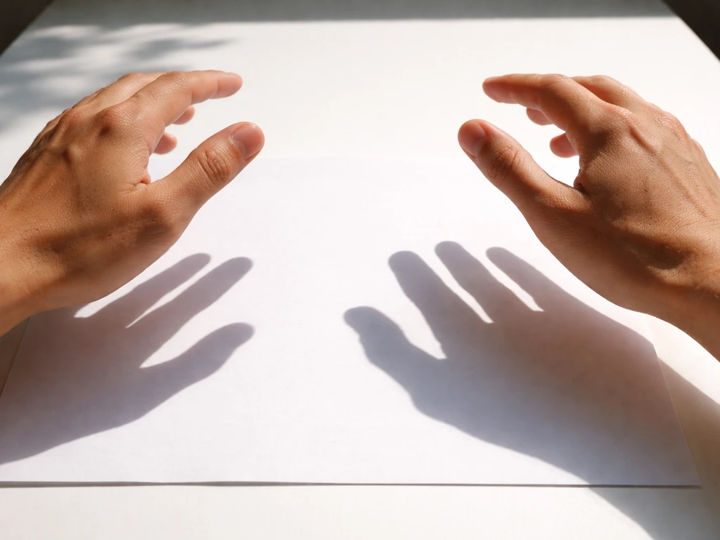 Hands held above white paper casting a crisp morning shadow to judge light sharpness.