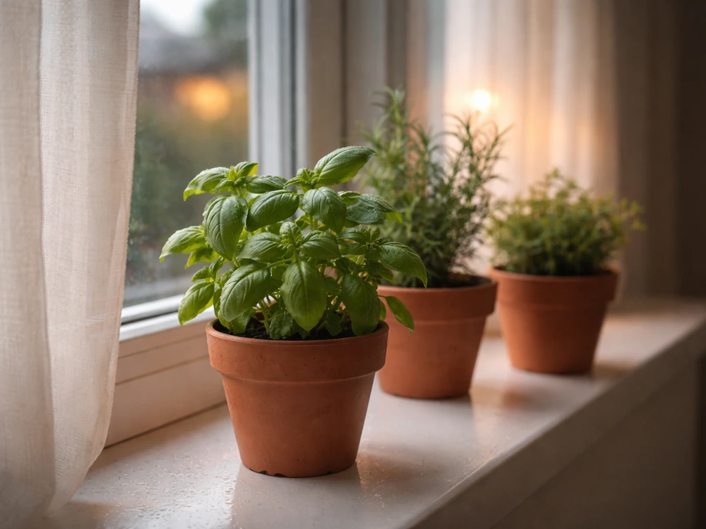 Indoor windowsill with leafy low-light herbs, soft daylight and subtle grow light glow on plants