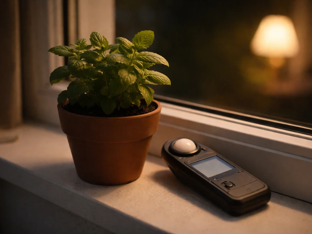 Indoor herb on a windowsill with a handheld light meter nearby to illustrate low-light conditions.