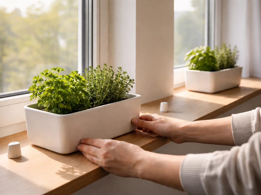 Potted herbs on a windowsill with one tray set closer to an east window and another farther away