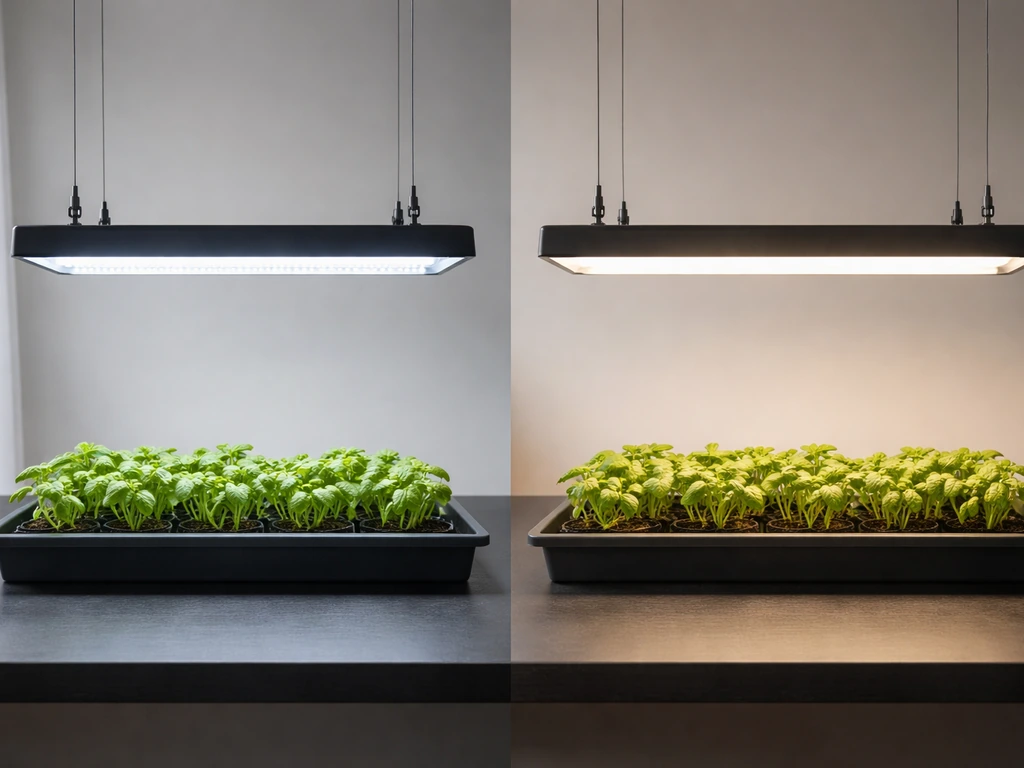 Two herb trays under LED and fluorescent grow lights, showing brighter cool LED versus softer fluorescent.