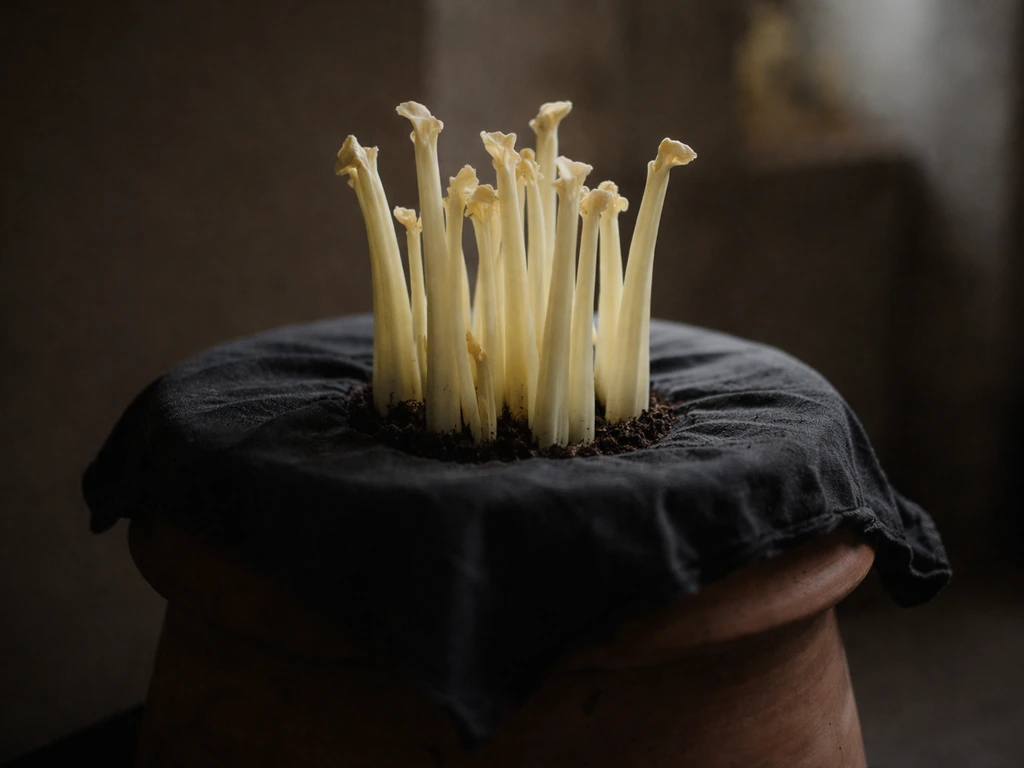 Pale cream rhubarb stalks emerging from a covered forcing pot in a dim indoor room.