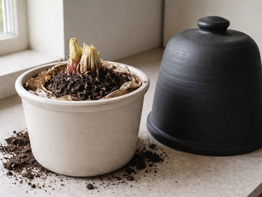Chilled rhubarb crown in a pot with a dark forcing cover beside it on a counter.