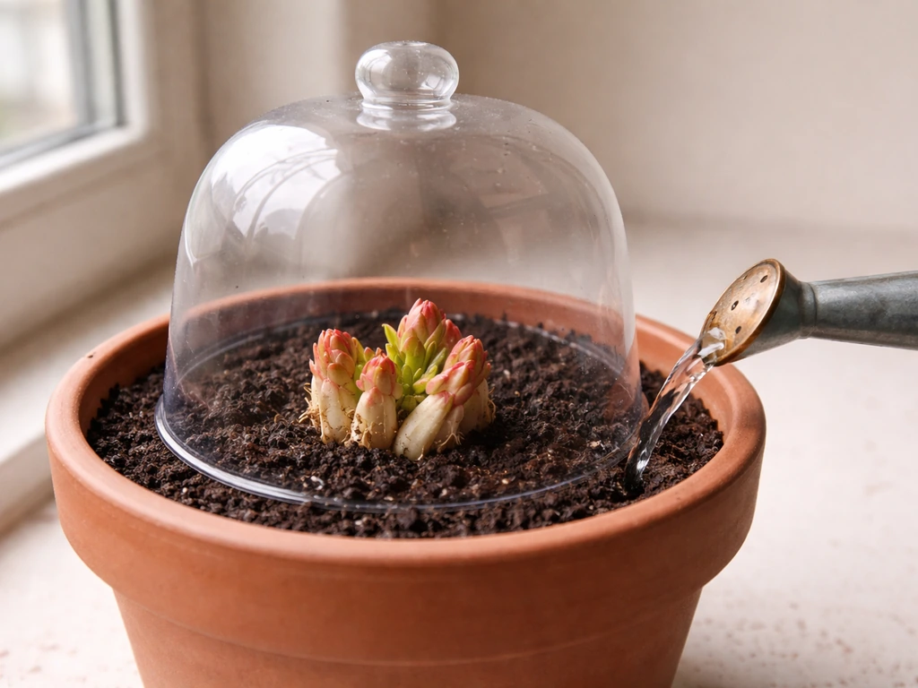 Close-up of a rhubarb crown potted, covered with a clear dome, with watering underway indoors.