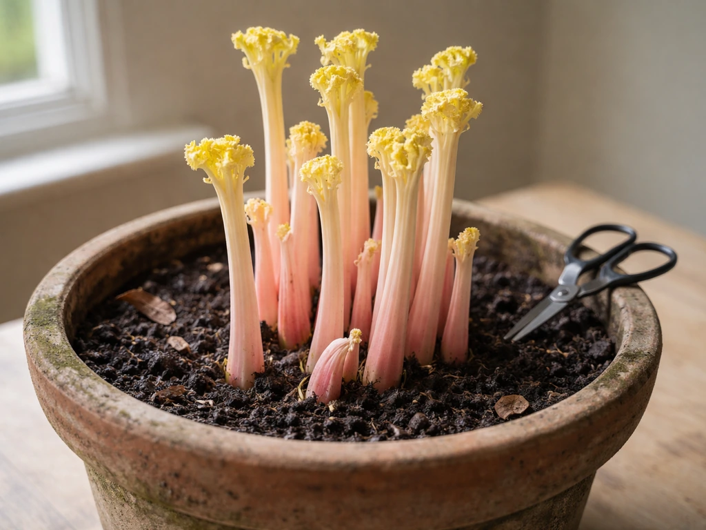 Forced rhubarb stalks about 8–12 inches tall in a pot, pale and ready to harvest.