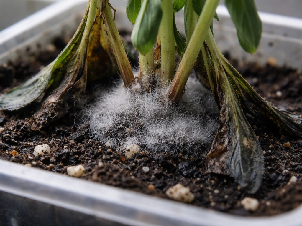 Close-up of a plant crown base with gray fuzzy mold and rot on the lower stalks in a tray.