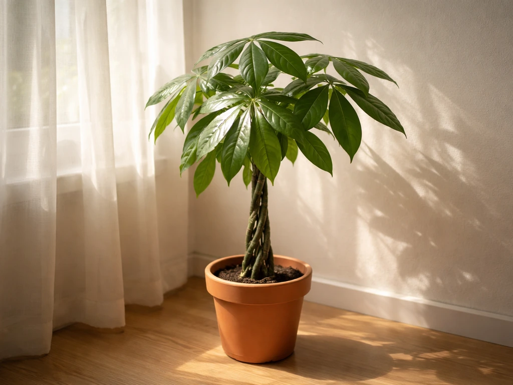 Money tree near a sheer curtain with soft light rays and clear leaf detail.