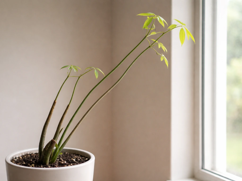 Close-up of a money tree with leggy stretched stems and sparse leaves leaning toward a bright window.