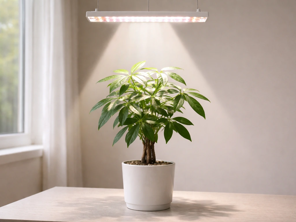 A money tree leaves illuminated under a full-spectrum LED grow light