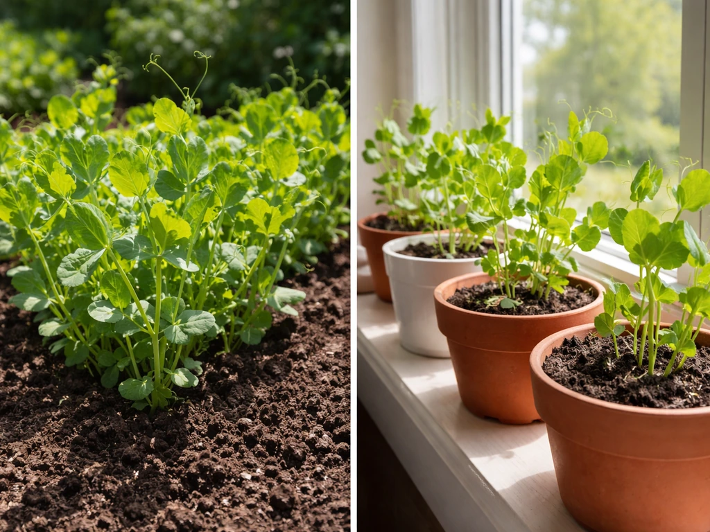 Split image of pea plants thriving outdoors in direct sun and indoors by a bright window.