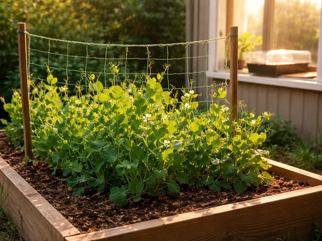 Sunlit pea garden bed with trellis, with nearby window light as a visual cue for full-sun hours.