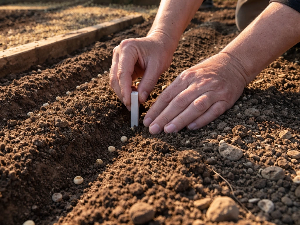Hands mark a pea planting spot in a garden bed, with sunlight shadows suggesting sun tracking across the day.