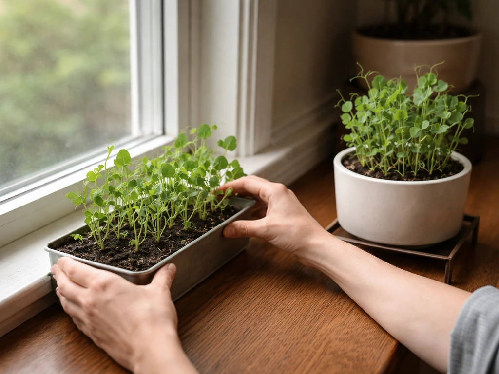 Two pea-plant containers near an indoor window at different distances from the glass.