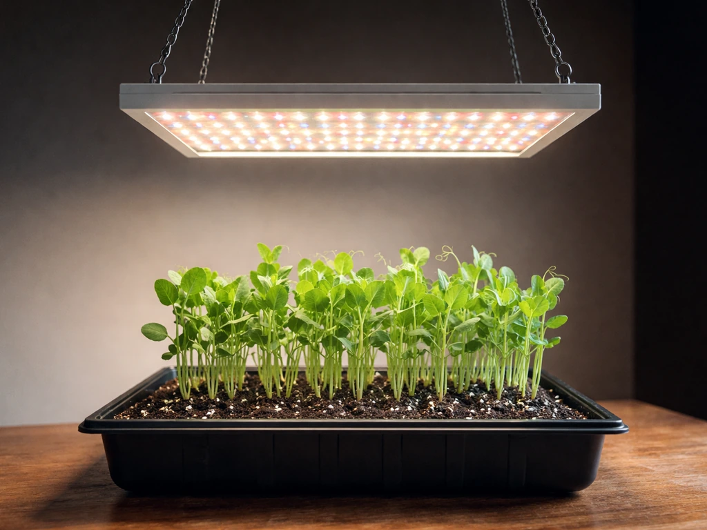 Full-spectrum LED grow panel suspended above a tray of pea seedlings in a minimal indoor setup.