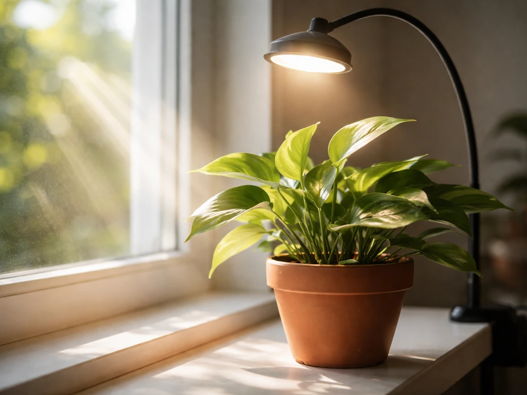 Houseplant on a windowsill leaning toward bright sunlight, with a nearby grow light softly illuminating it.