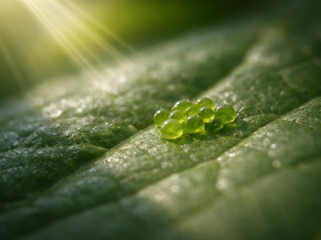 Macro close-up of green chloroplast-like structures on a leaf catching sunlight rays.