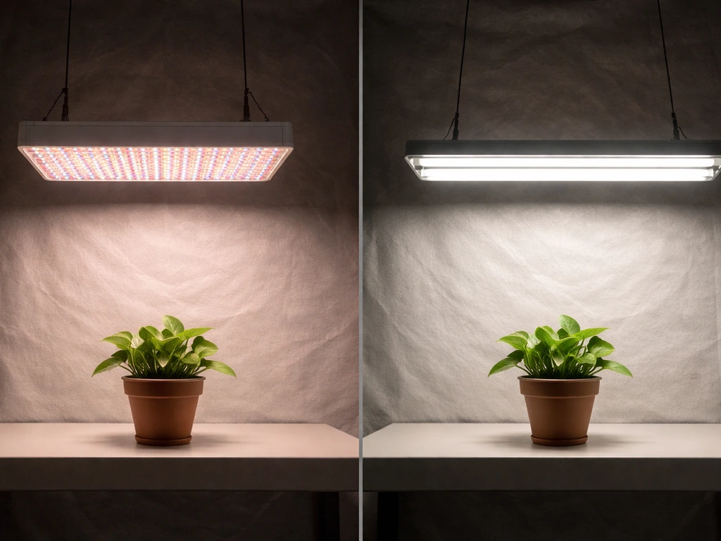 Two identical potted plants lit side-by-side by an LED grow light and a T5/T8 fluorescent fixture.