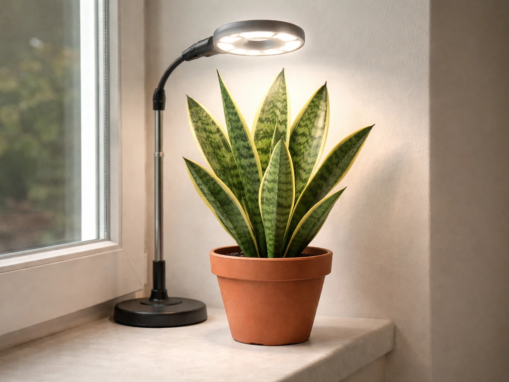 Snake plant in a pot under a small LED grow light with bright, even illumination.