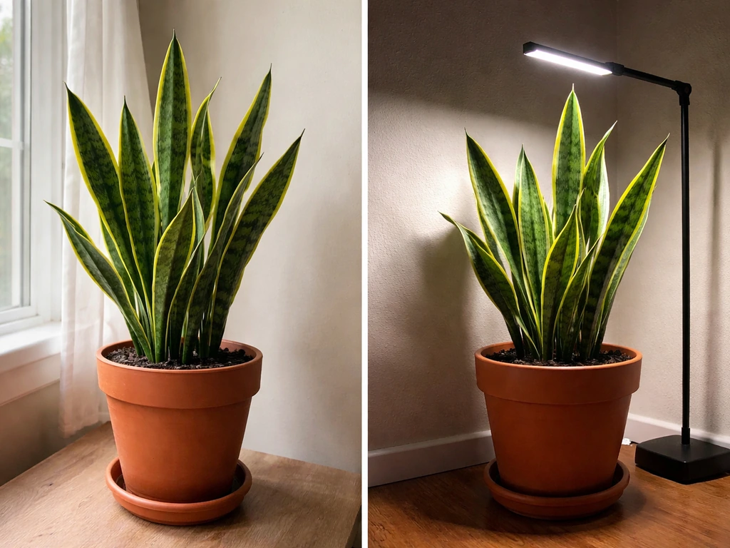 Split scene of a snake plant by a bright window and another under a dim grow light setup.