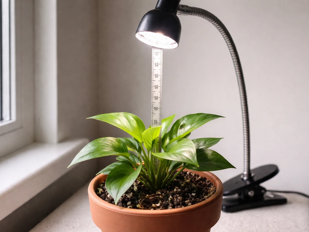 LED grow light clipped above a small potted plant with tape indicating distance to the top leaves.